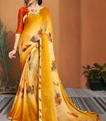 Yellow printed chiffon saree with blouse