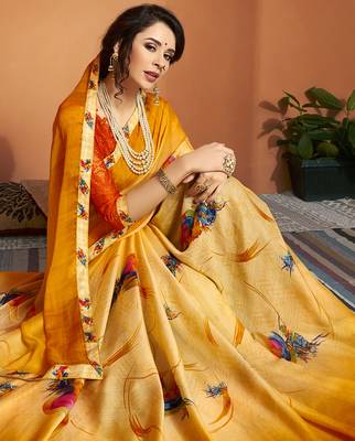 Yellow printed chiffon saree with blouse 2