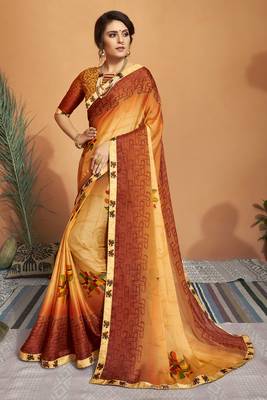 Orange printed chiffon saree with blouse 1