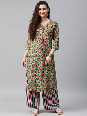 Green floral print cotton kurta with palazzo 1
