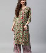 Green floral print cotton kurta with palazzo