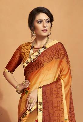 Orange printed chiffon saree with blouse 2