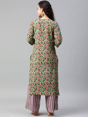 Green floral print cotton kurta with palazzo 3