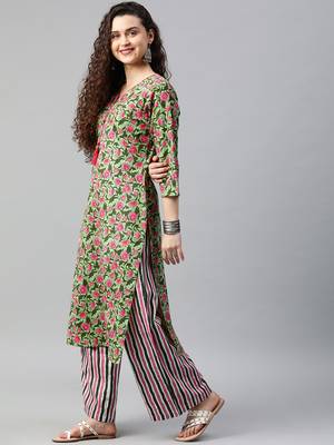 Green floral print cotton kurta with palazzo 4
