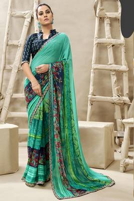 Sea green printed georgette saree with blouse 1