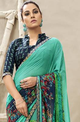 Sea green printed georgette saree with blouse 2