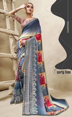 Grey printed georgette saree with blouse 1
