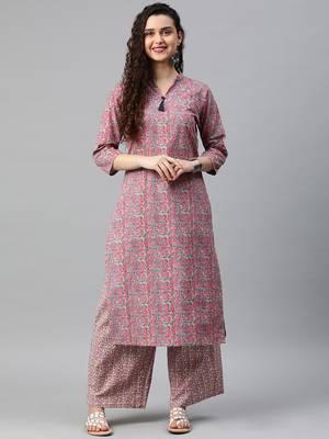 Onion-pink floral print cotton kurta with palazzo 1