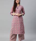 Onion-pink floral print cotton kurta with palazzo