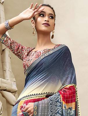 Grey printed georgette saree with blouse 2