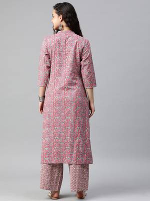 Onion-pink floral print cotton kurta with palazzo 3