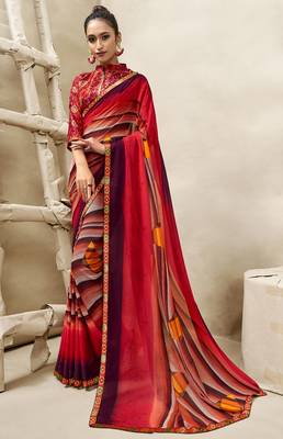 Red printed georgette saree with blouse 1
