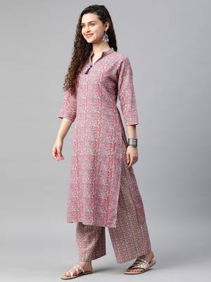 Onion-pink floral print cotton kurta with palazzo 4