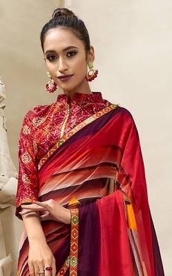 Red printed georgette saree with blouse 2