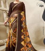 Brown printed georgette saree with blouse