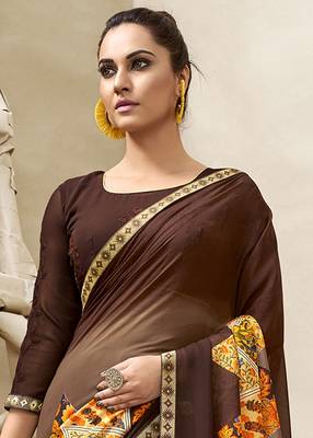 Brown printed georgette saree with blouse 2