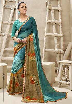 Turquoise printed georgette saree with blouse 1