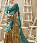 Turquoise printed georgette saree with blouse