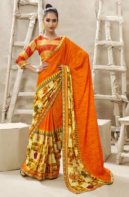 Orange printed georgette saree with blouse 1