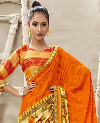 Orange printed georgette saree with blouse 2