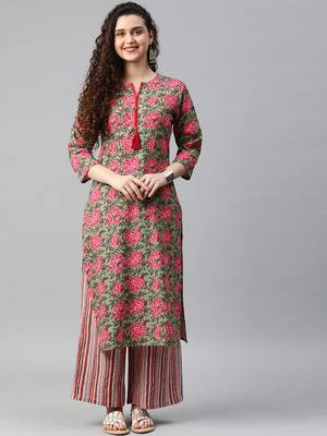 Emerald floral print cotton kurta with palazzo 1