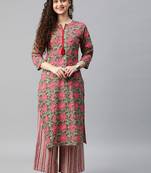 Emerald floral print cotton kurta with palazzo