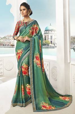 Green printed chiffon saree with blouse 1