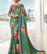 Green printed chiffon saree with blouse