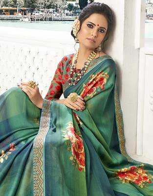 Green printed chiffon saree with blouse 2