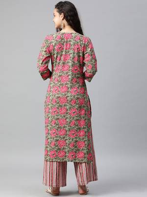 Emerald floral print cotton kurta with palazzo 3