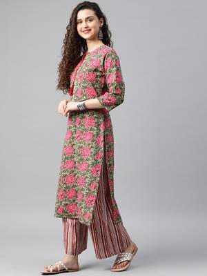 Emerald floral print cotton kurta with palazzo 4