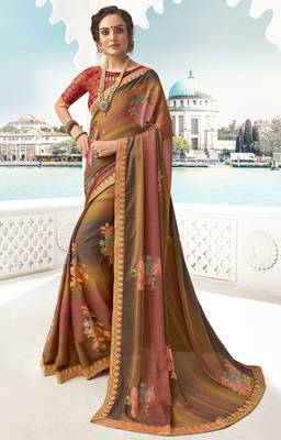 Beige printed chiffon saree with blouse 1