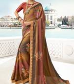 Beige printed chiffon saree with blouse