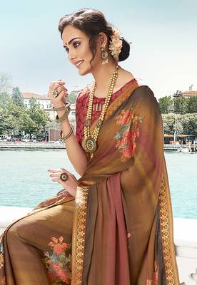 Beige printed chiffon saree with blouse 2