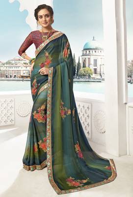 Turquoise printed chiffon saree with blouse 1