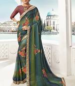 Turquoise printed chiffon saree with blouse