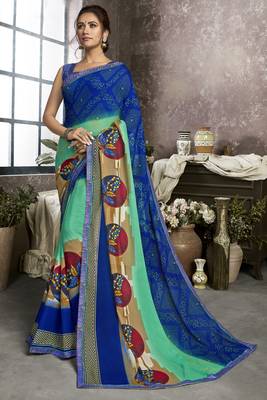 Blue printed georgette saree with blouse 1