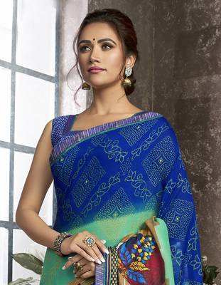 Blue printed georgette saree with blouse 2