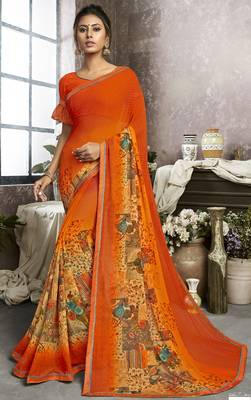 Orange printed georgette saree with blouse 1