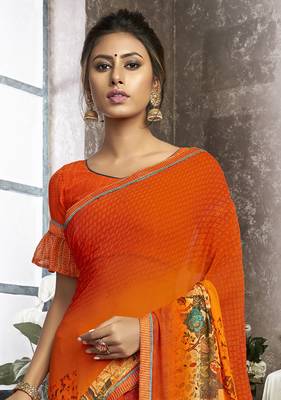 Orange printed georgette saree with blouse 2