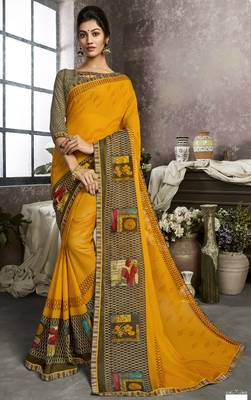 Mustard printed georgette saree with blouse 1