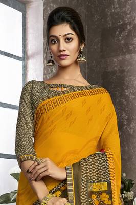 Mustard printed georgette saree with blouse 2