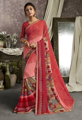 Pink printed georgette saree with blouse 1