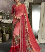 Pink printed georgette saree with blouse