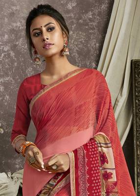 Pink printed georgette saree with blouse 2