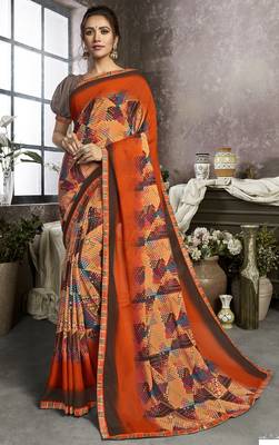 Orange printed georgette saree with blouse 1