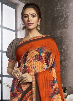 Orange printed georgette saree with blouse 2