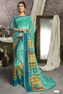 Cyan printed georgette saree with blouse 1