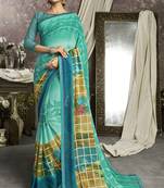 Cyan printed georgette saree with blouse