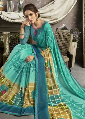 Cyan printed georgette saree with blouse 2